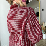 Collard Button Pullover Cardigan - Wine Stripes