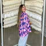Running Horses Oversized Blouse Top - Pink + Blue