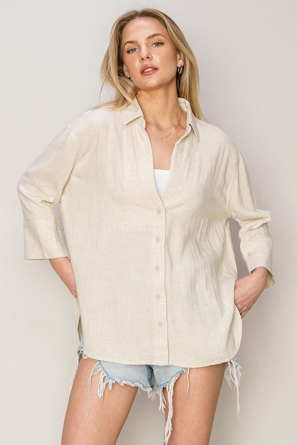 City Vibes Oversized Button Up Top - Oatmeal