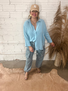 City Vibes Oversized Button Up Top - Blue