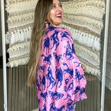 Running Horses Oversized Blouse Top - Pink + Blue