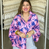 Running Horses Oversized Blouse Top - Pink + Blue