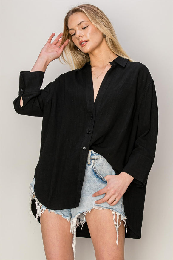 City Vibes Oversized Button Up Top - Black