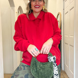 Oversized Polo Collared Pullover - Red