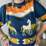 Pasture Print Short Sleeve Knit Top - Navy