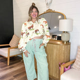 Seersucker Gingham Drawstring Pants - Green