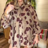 Whimsical Dot Tie-Neck Blouse – Brown