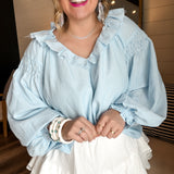 Ruffle My Collar Top - Pinstripe Blue