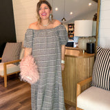 Gingham Off The Shoulder Maxi Dress - Black