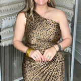 One Shoulder Pleated Leopard Satin Midi Dress