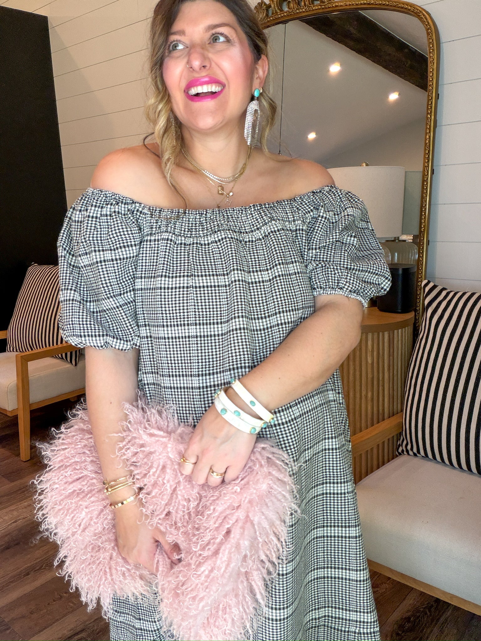 pink gingham off the shoulder dress Atlanta Rose-Appliqu Off-the-Shoulder Dress Pink Vichy / L