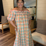 Mixed Media Plaid Off The Shoulder Dress