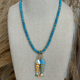 Double Fish + Turquoise Drop Beaded Necklace