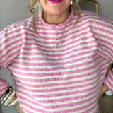 Quarter Button Pullover Cardigan - Bubblegum Stripe