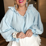 Ruffle My Collar Top - Pinstripe Blue
