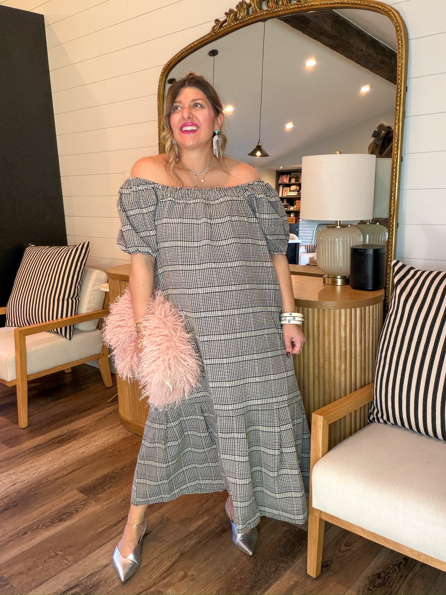 black gingham off the shoulder dress Off The Shoulder Gingham Dresses
