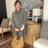 Vintage Teal Oversized Plaid Top