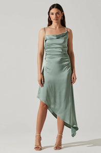 Mirie Asymmetric Satin Dress - Sage