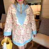 Western Floral Color Block Dress - Denim + Pink