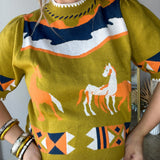 Pasture Print Short Sleeve Knit Top - Verde Green
