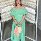 Gingham Off The Shoulder Maxi Dress - Green