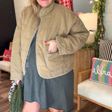 Quilted Contrast Piping Detailed Puffer Jacket - Olive