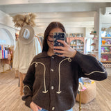 Embroidered Play Sweater Cardigan - Brown