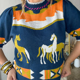 Pasture Print Short Sleeve Knit Top - Navy