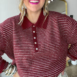Collard Button Pullover Cardigan - Wine Stripes
