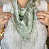 Silk Rhinestone Fringe Bandana - Sage