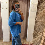 Fringe Tie Oversized Tee - Blue