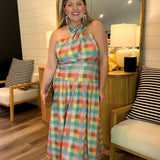 Boardwalk Beauty Check Halter Maxi Dress
