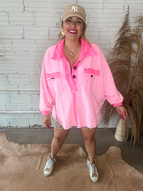Parker Collared Oversized Top - Neon Pink