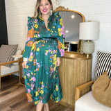 Painted Petals Floral Smocked Midi Dress - Emerald