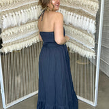 Maison Flower Halter Maxi Dress - Navy