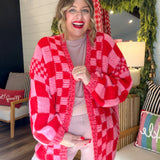 Oversized Checkered Print Knit Cardigan