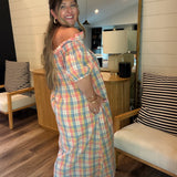 Mixed Media Plaid Off The Shoulder Dress