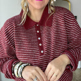 Collard Button Pullover Cardigan - Wine Stripes