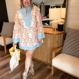 Western Floral Color Block Dress - Denim + Pink