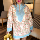 Western Floral Color Block Dress - Denim + Pink
