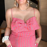 Cherry Blossom Bow Gingham Midi Dress - Red