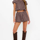 {MUMU} Highland Bubble Skort - Saddle Plaid
