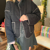 Quilted Contrast Piping Detailed Puffer Jacket - Black