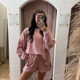 On Repeat Fleece Stripe Shorts - Red + Pink