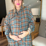 Vintage Teal Oversized Plaid Top