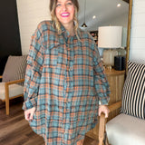 Vintage Teal Oversized Plaid Top