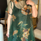 Petal Veil Sheer Maxi Dress - Dark Green