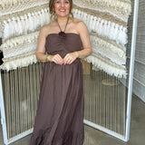 Maison Flower Halter Maxi Dress - Chocolate