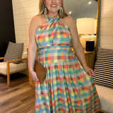 Boardwalk Beauty Check Halter Maxi Dress