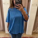 Fringe Tie Oversized Tee - Blue